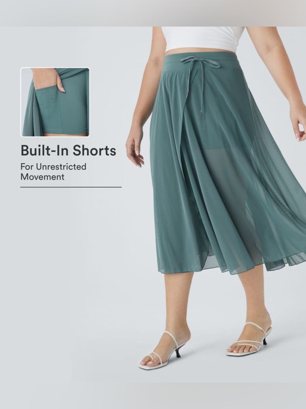 Halara High Waisted Drawstring Contrast Mesh 2-in-1 Pocket Midi Flare Skirt 1X
